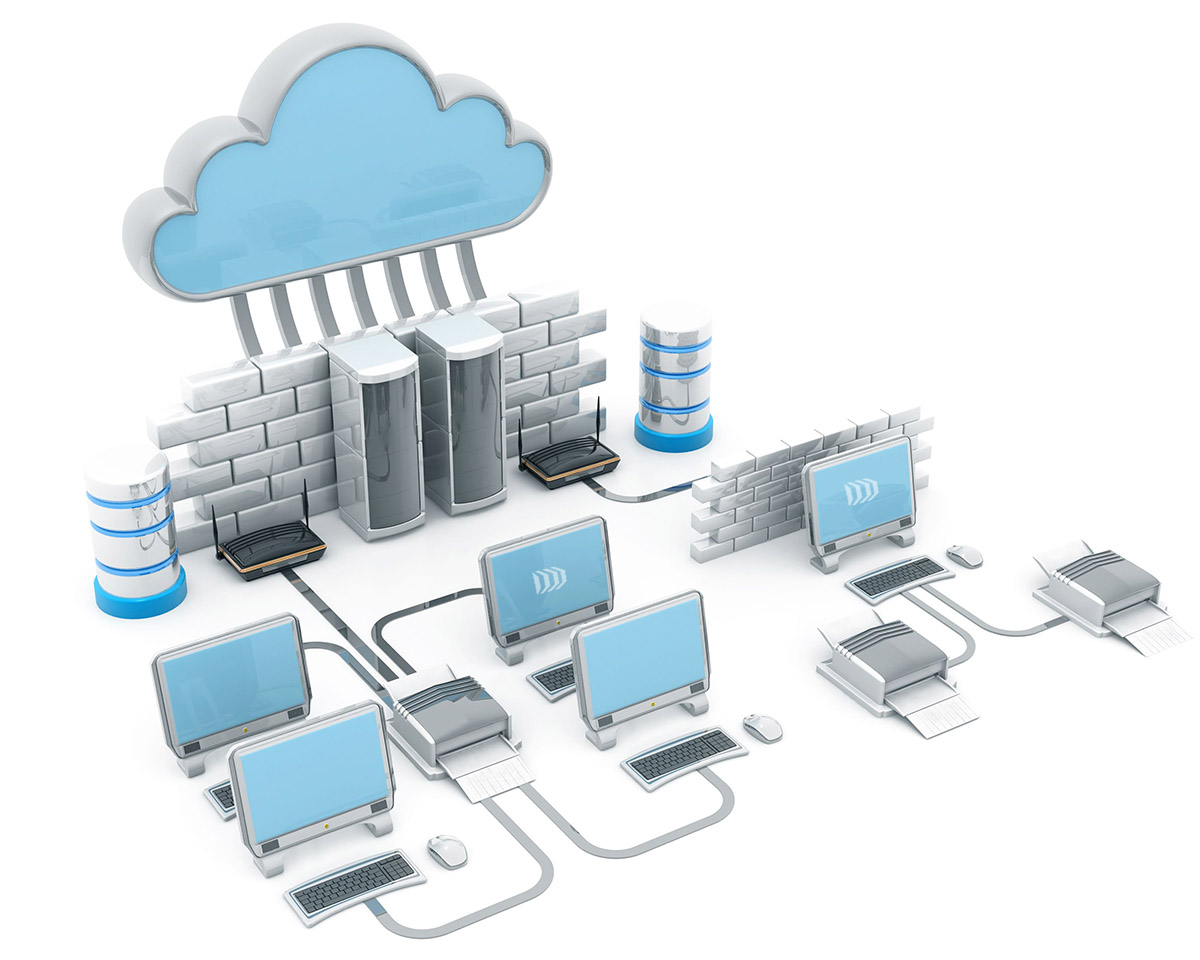redes ciberseguridad Red empresarial protegida con firewall, servidores y sistemas en la nube, representando infraestructura de redes y ciberseguridad corporativa.